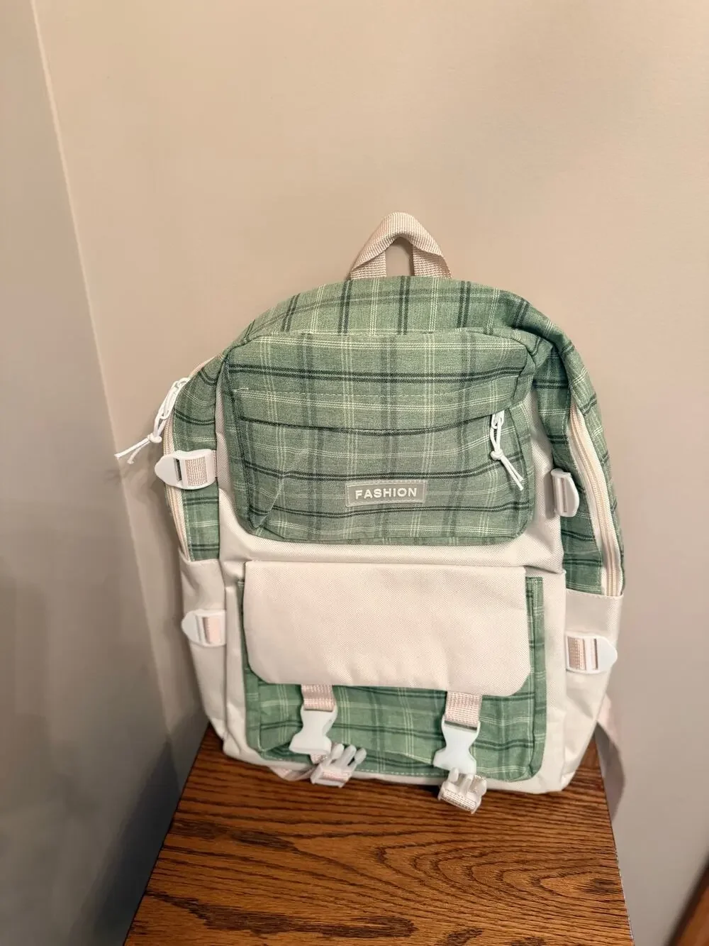 New Mordelar Fashion green plaid,beige canvas backpack with 5-piece school set.